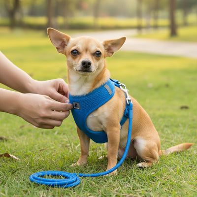 Harnais pour chiot bleu avec sangle réglable et anneau d’attache