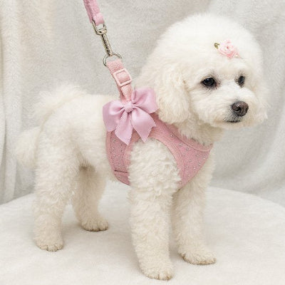 Harnais petit chien rose de profil avec boucle