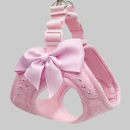 Harnais pour petit chien rose, grand nœud rayé et couture décorative sur le devant
