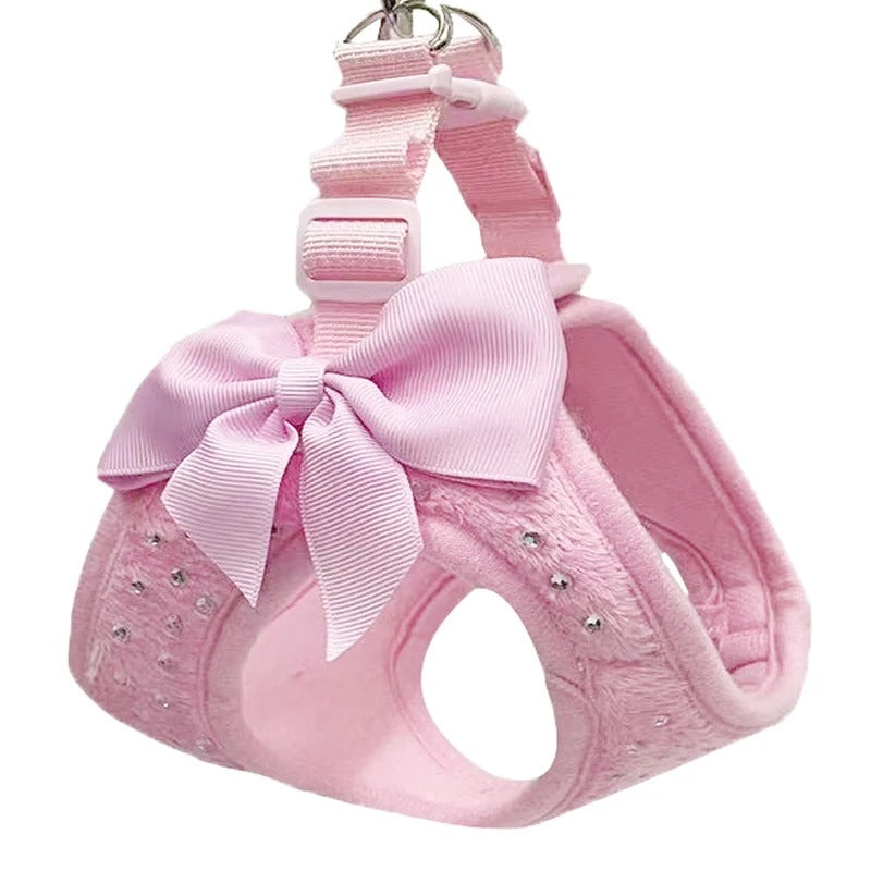 Harnais pour petit chien rose, grand nœud rayé et couture décorative sur le devant