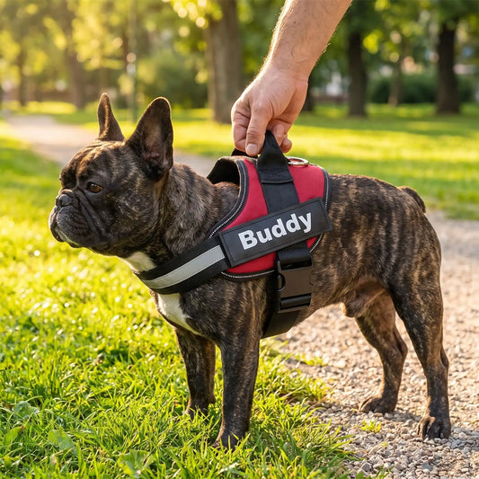 Harnais pour chien noir et rouge, gilet avec inscription Buddy