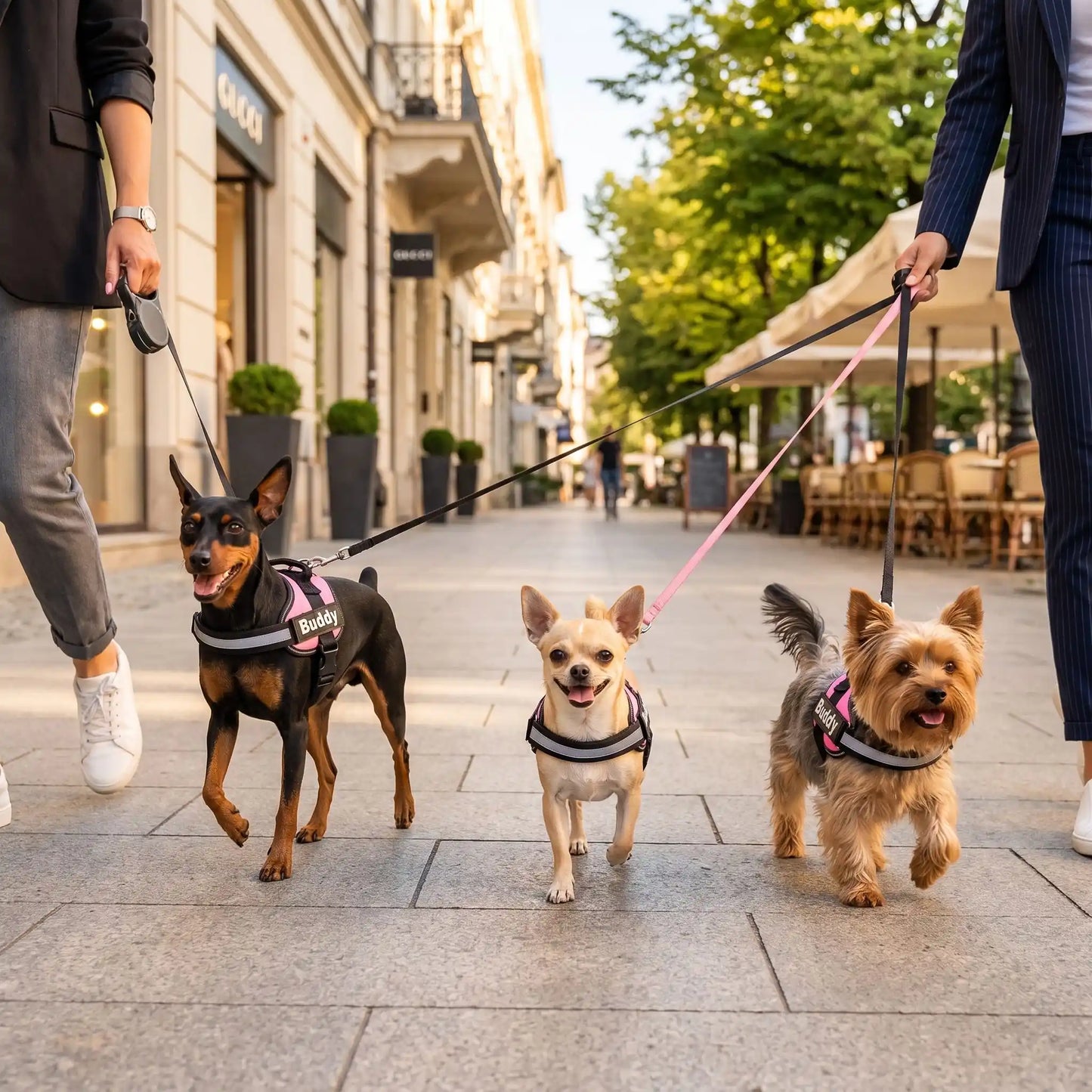 Harnais pour chien noir avec éléments violets, laisse et sangles réglables
