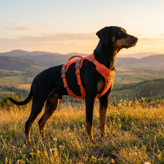 Harnais pour chien orange avec sangles réglables et boucles métalliques