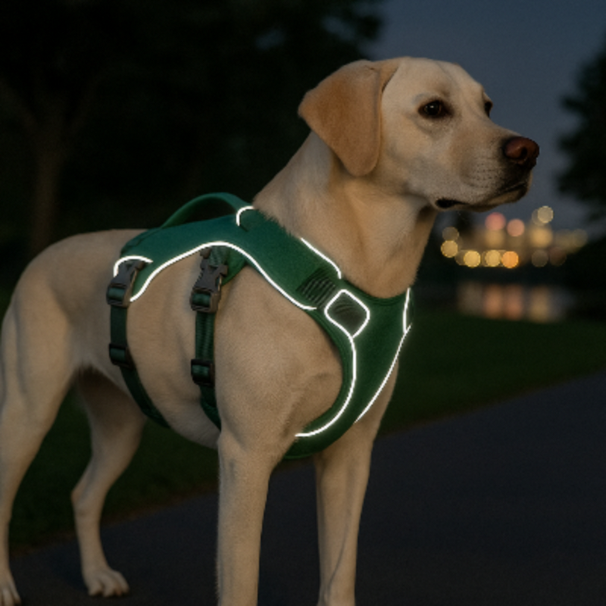Harnais pour chien vert avec sangles réglables, boucles et anneau d’attache
