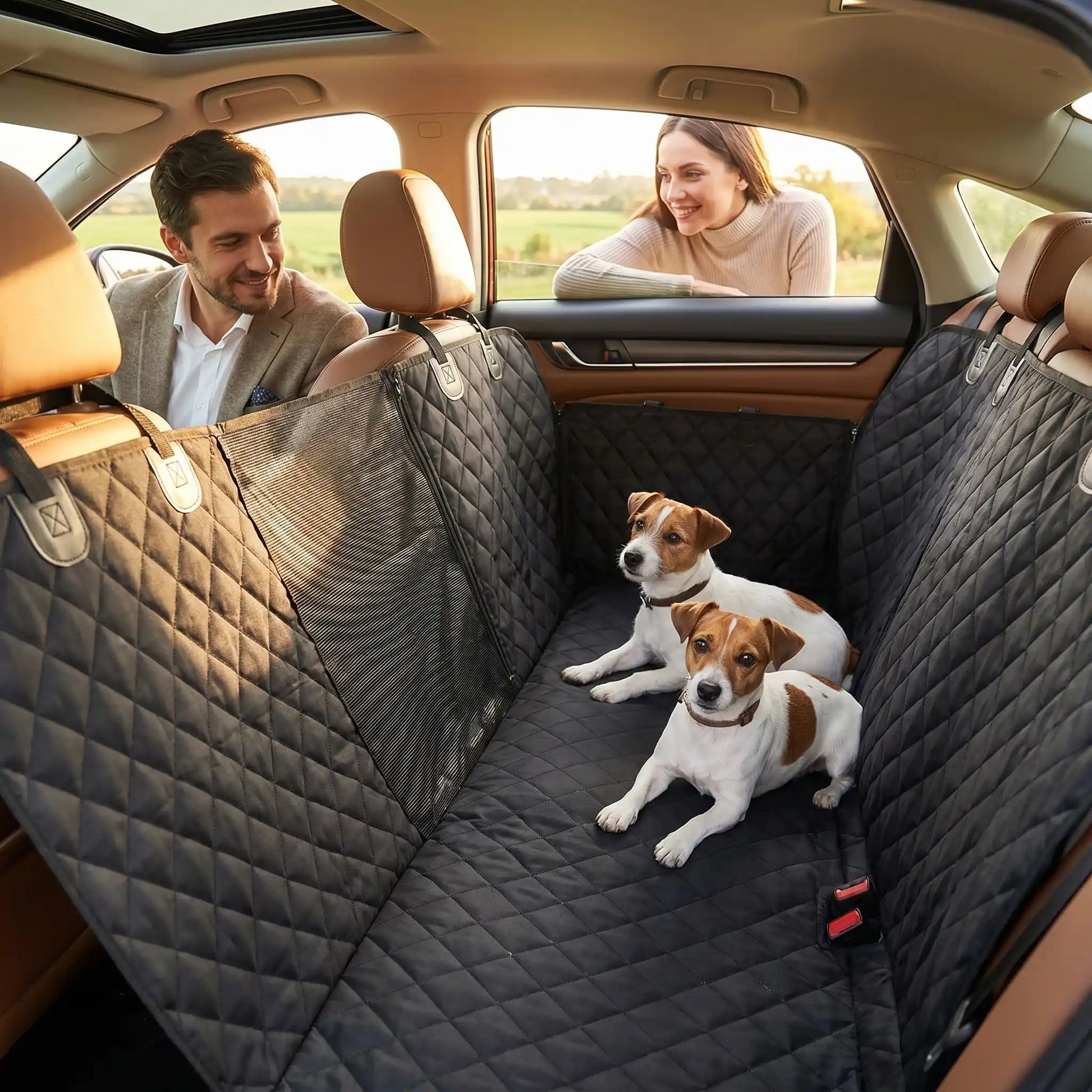 Housse de siège voiture chien noire matelassée couvrant les dossiers et l’assise