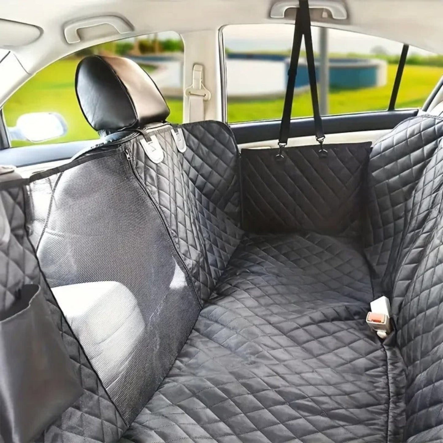 Housse de siège voiture chien noire, matelassée, avec fermeture éclair et sangles