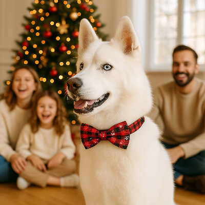 husky tout blanc avec son collier chien rouge famille