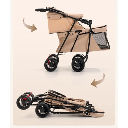Poussette pour chien double beige pliée, châssis noir et roues à blocage