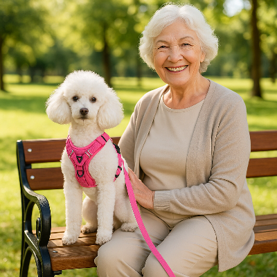 jolie dame assise avec caniche portant son harnais pour chien