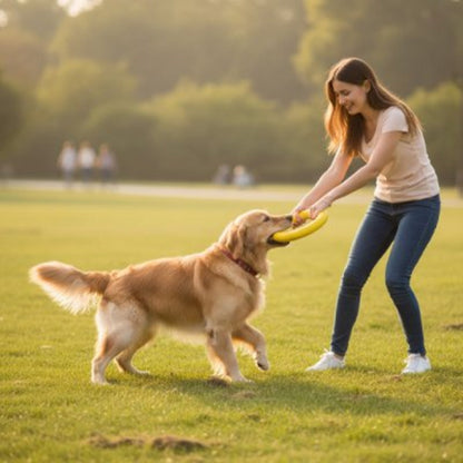 Jouet pour chien anneau jaune tenu par le chien
