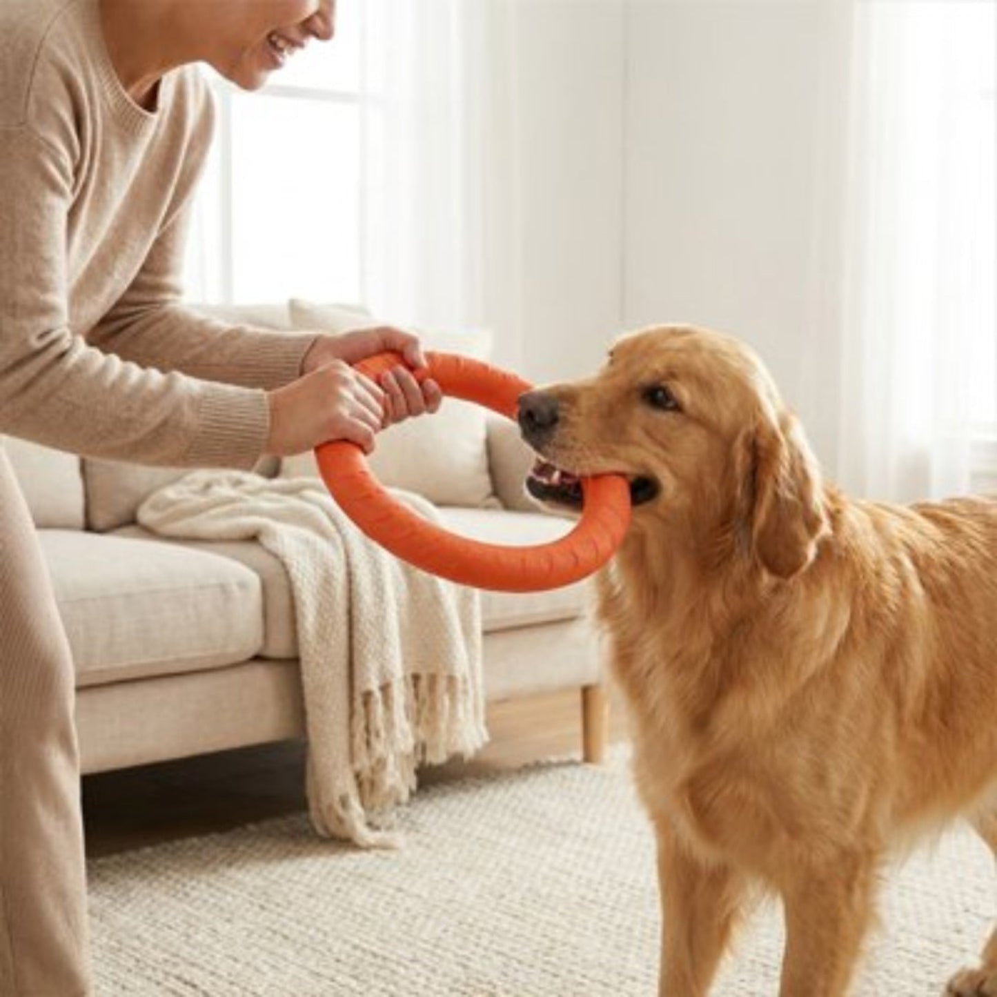 Jouet pour chien anneau orange, chien saisissant le jouet