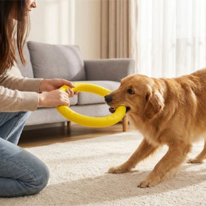 Jouet pour chien anneau jaune, chien mordant le jouet