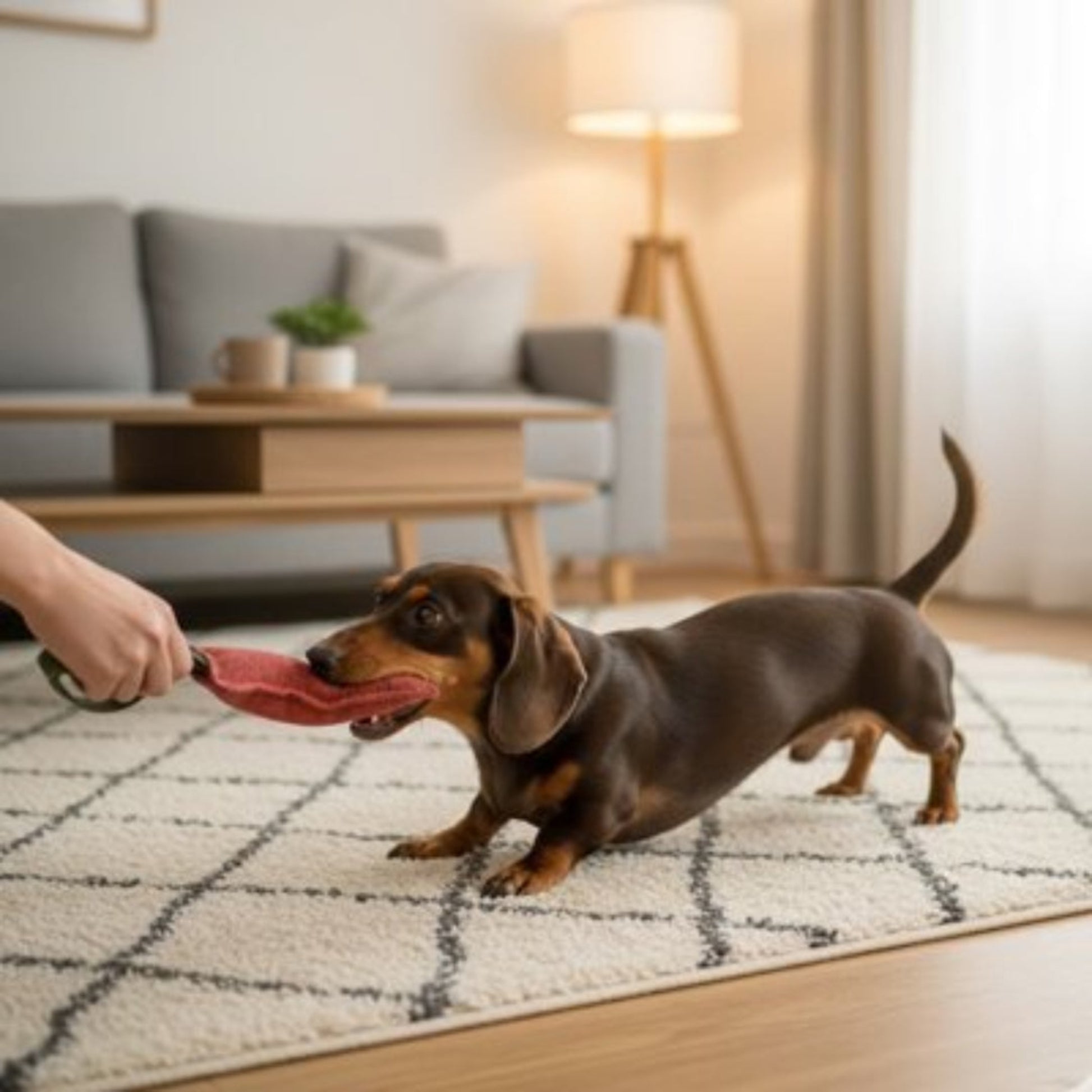 Jouet de traction pour chien en tissu rouge, tenu sur un tapis à carreaux.