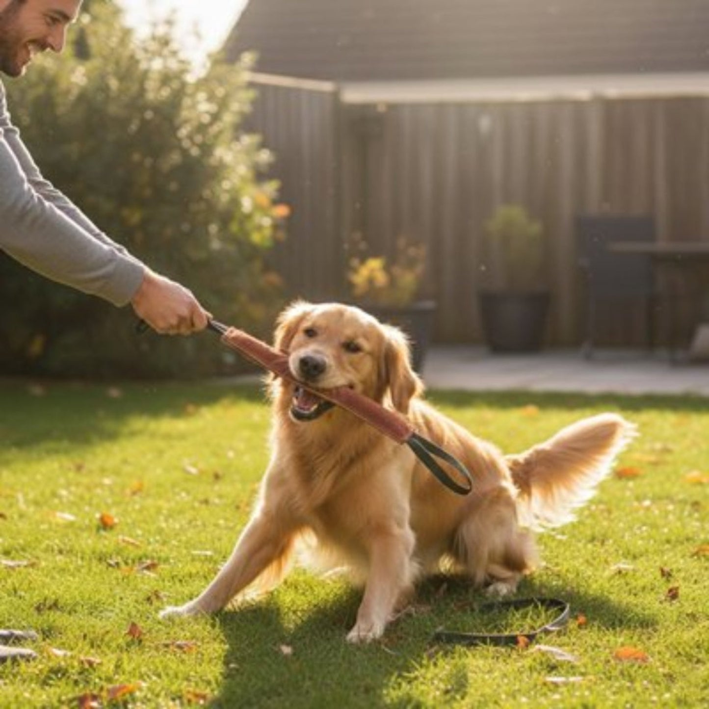 Jouet de traction pour chien en tissu rouge, présenté lors d’un jeu de mordant.