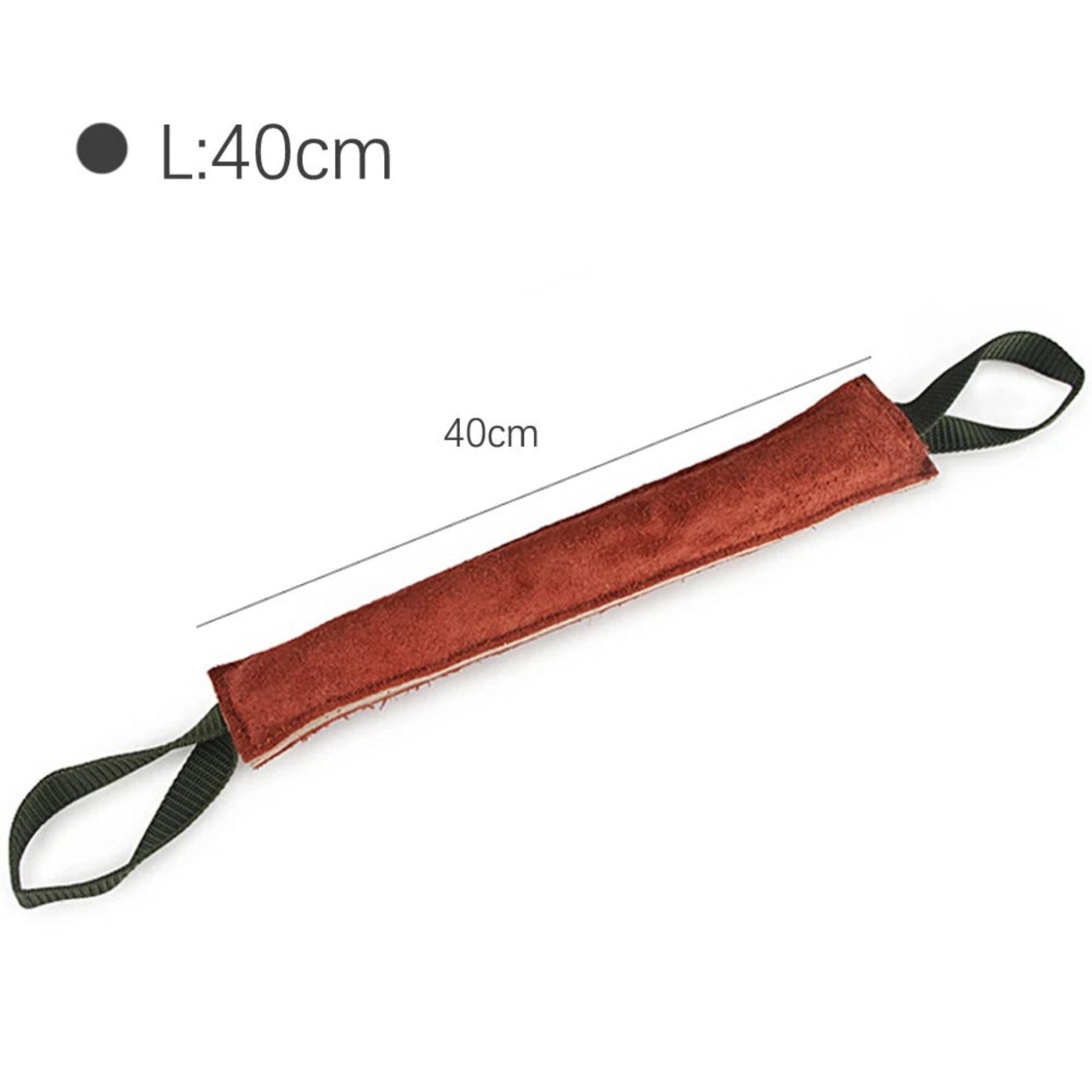 Jouet de traction pour chien en tissu rouge rectangulaire, sangles noires, 40 cm.