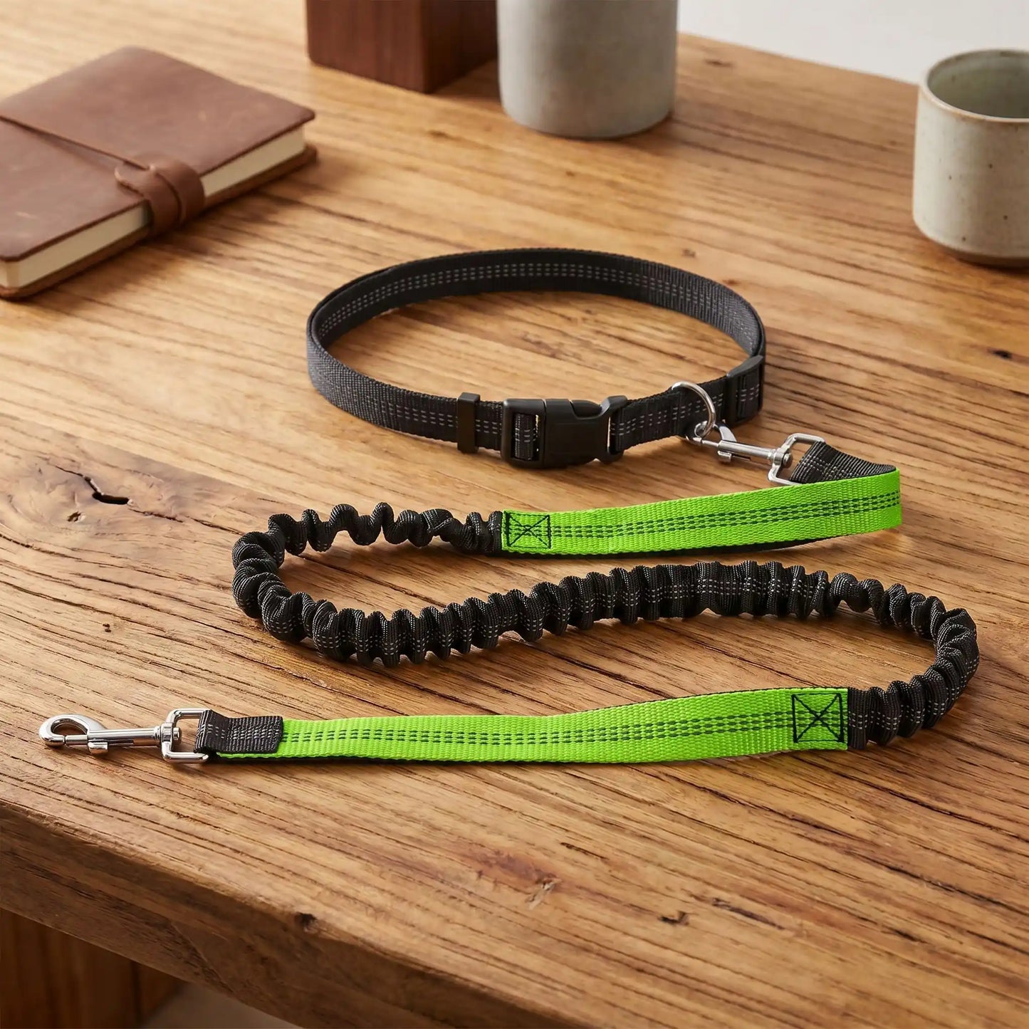 Laisse canicross verte avec corde élastique noire et mousqueton