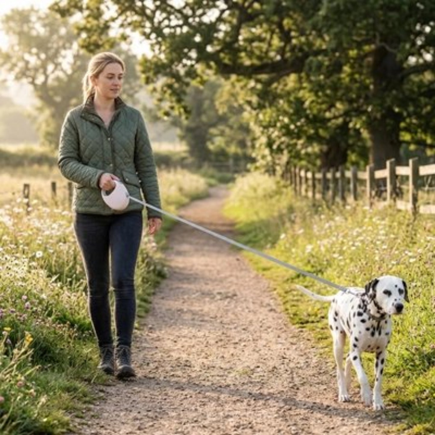 Laisse de Chien dalmatien marche campagne fille