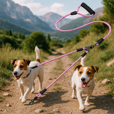 Laisse double pour chien montrée avec deux jacks russel