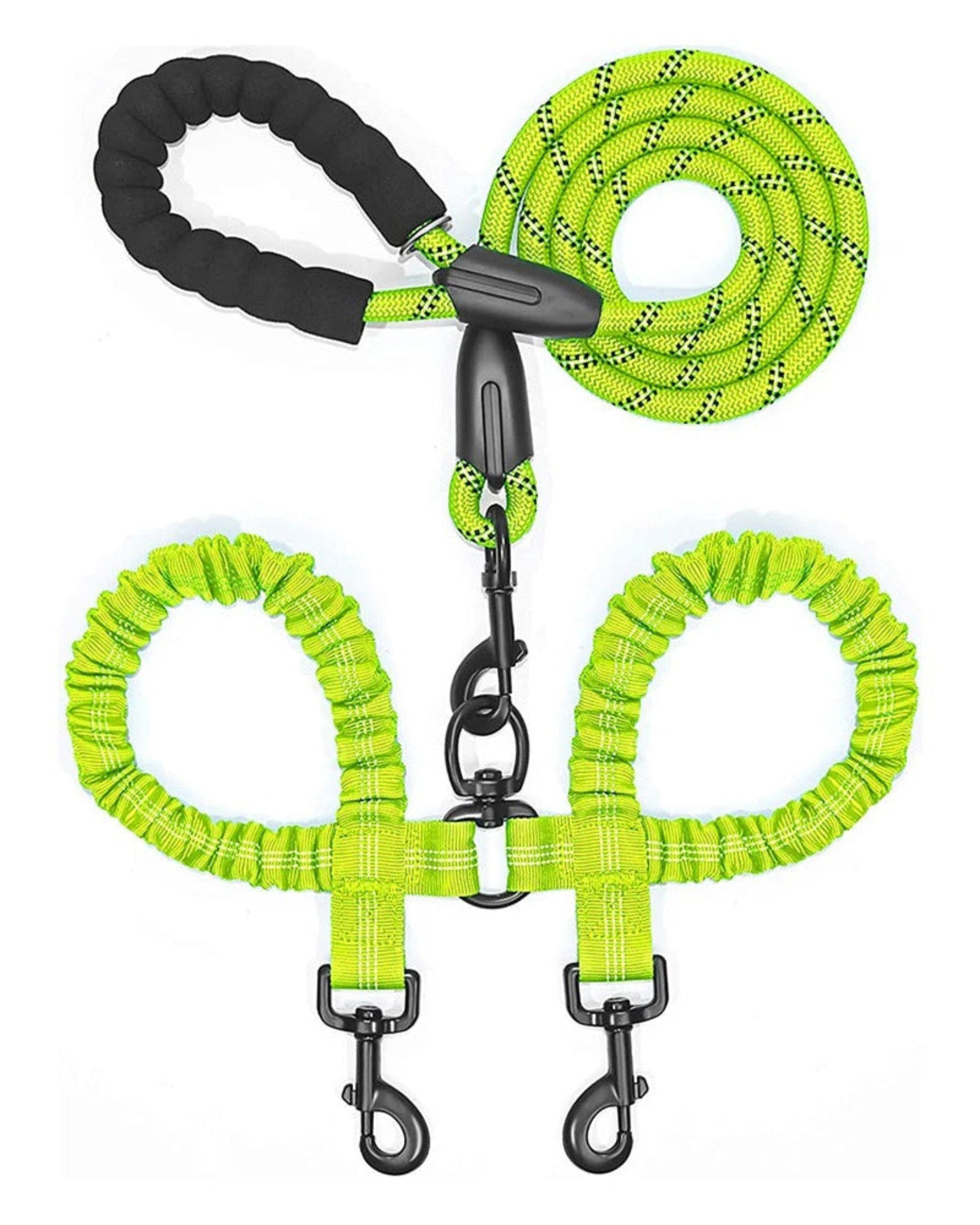 laisse double pour chien vert fluo, cordons tressés et poignée rembourrée, 2 mousquetons