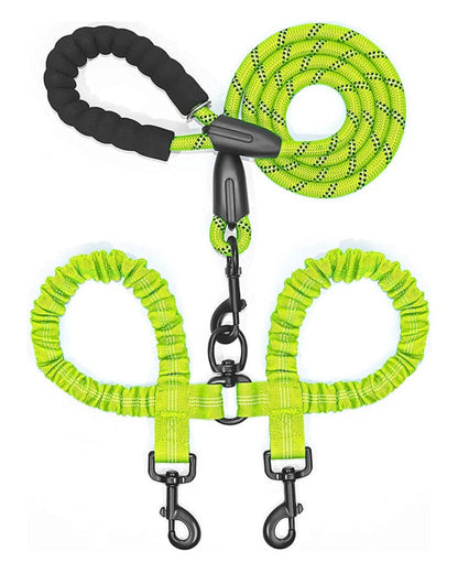 laisse double pour chien vert fluo, cordons tressés et poignée rembourrée, 2 mousquetons