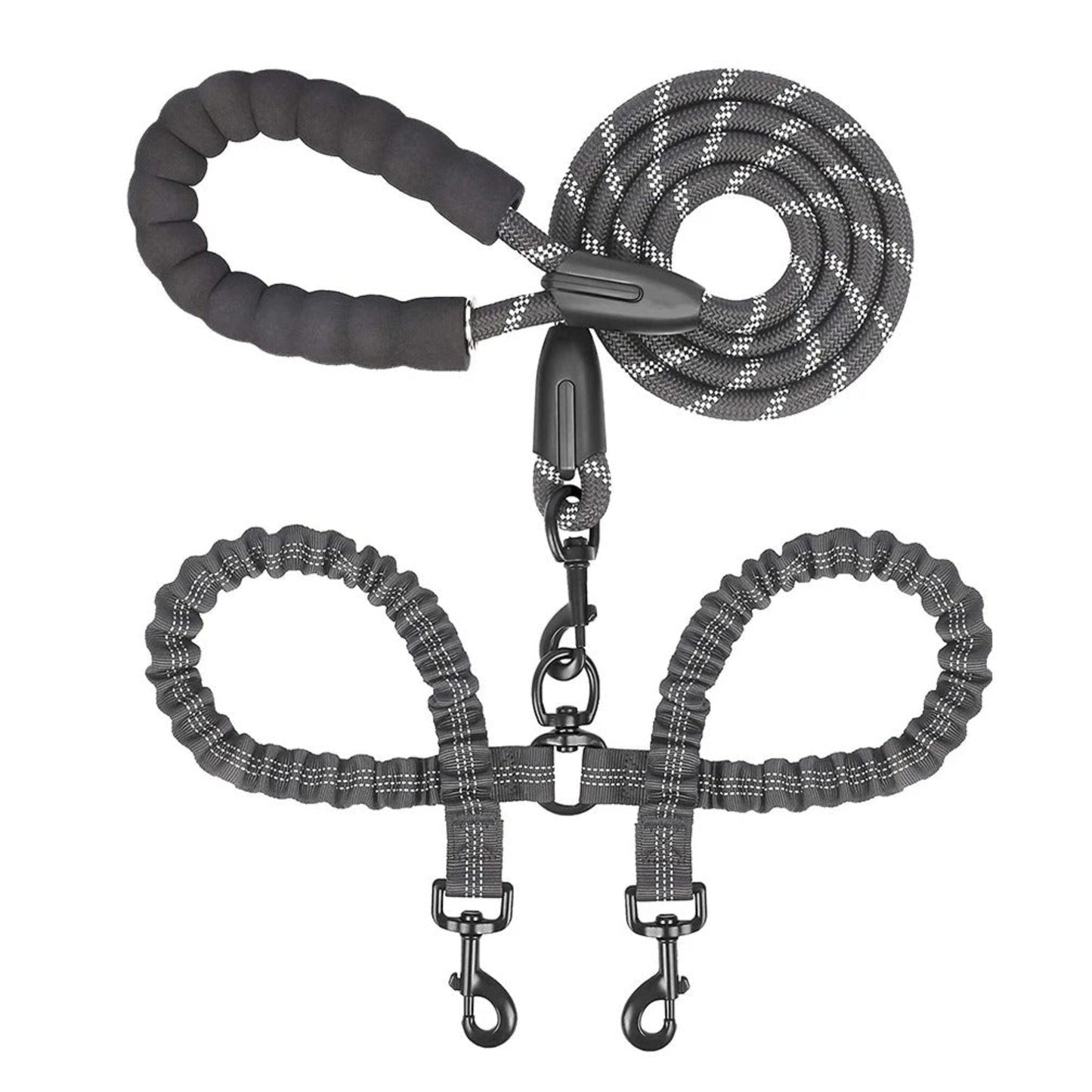 laisse double pour chien, cordon tressé gris et noir, poignée rembourrée et 2 mousquetons
