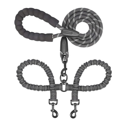 laisse double pour chien, cordon tressé gris et noir, poignée rembourrée et 2 mousquetons