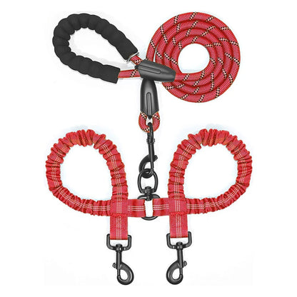 laisse double pour chien rouge, cordon tressé et poignée rembourrée, 2 mousquetons