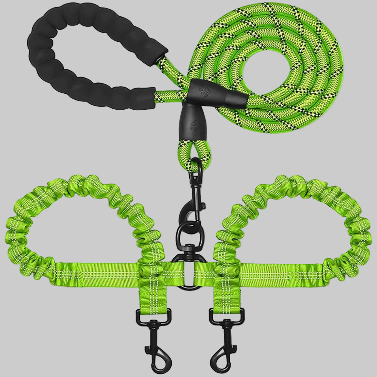 Laisse double pour chien en sangle vert vif, avec poignée noire et mousquetons