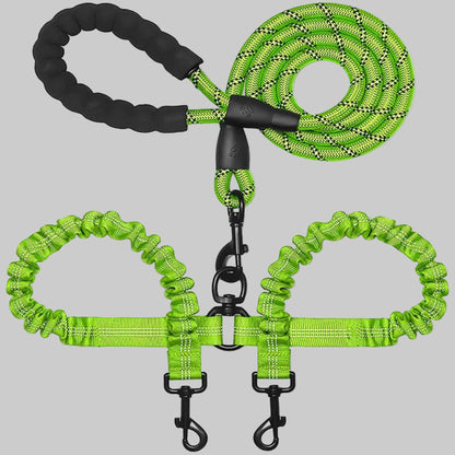 Laisse double pour chien en sangle vert vif, avec poignée noire et mousquetons