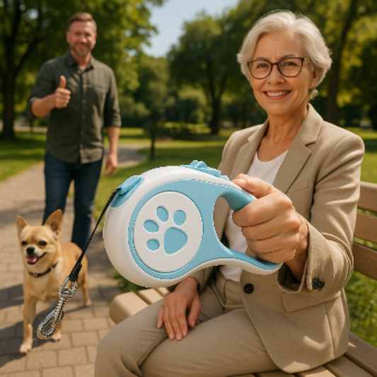 Laisse pour chien Aba rétractable bleu clair avec poignée et motif patte