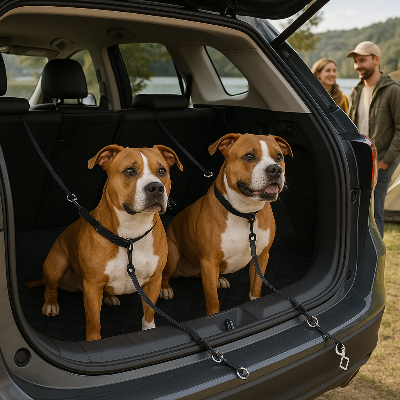 laisse pour chien auto deux american  staffords