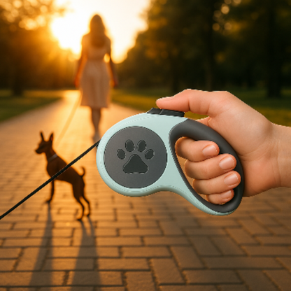 Laisse pour chien Aba rétractable à poignée ergonomique, motif patte sur boîtier