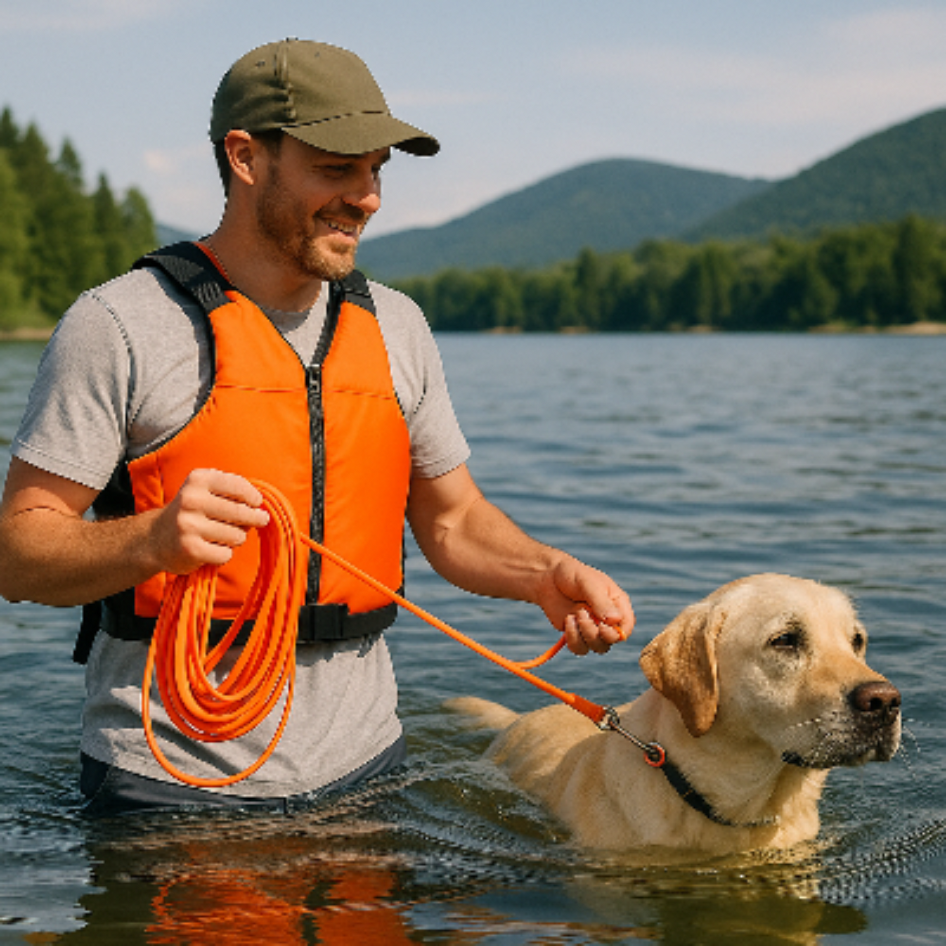 Laisse pour chien abda orange, attache au collier, chien dans l'eau
