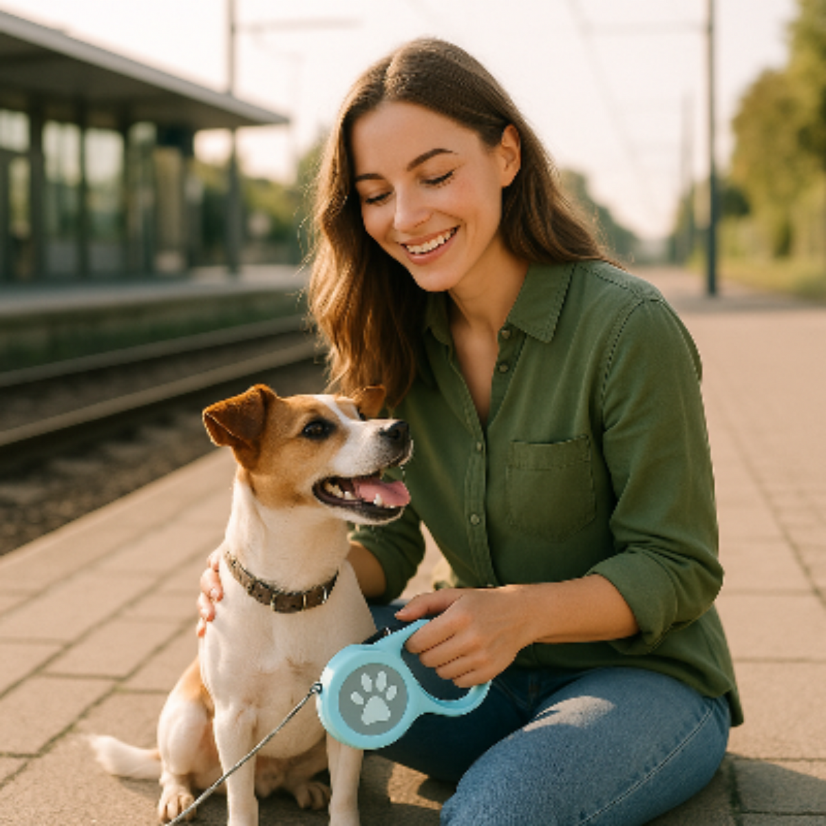 Laisse pour chien Aba avec boîtier bleu clair et poignée au motif patte