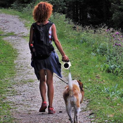 Laisse pour chien rétractable noire, tenue en main pendant la promenade