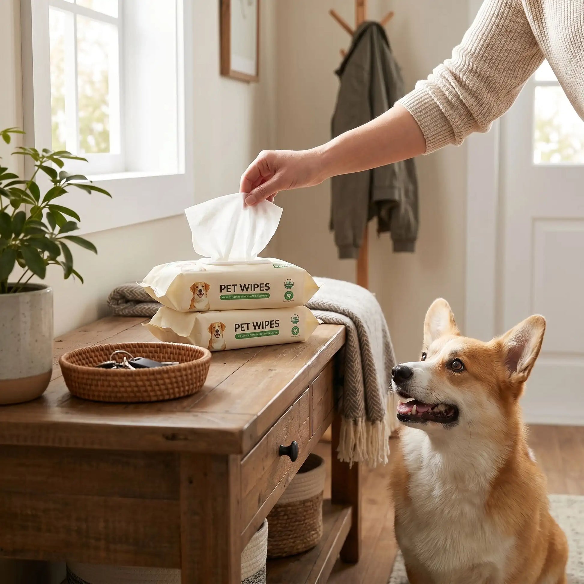 Lingettes nettoyantes pour chien, paquets rectangulaires blancs empilés, étiquette verte