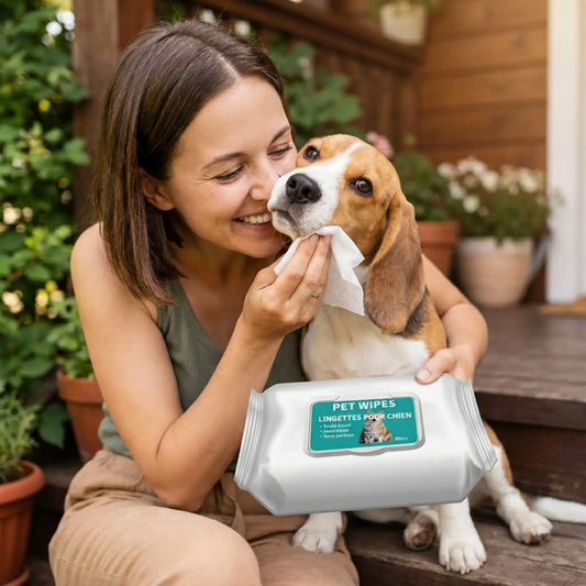 Lingettes nettoyantes pour chien en sachet blanc, étiquette verte et ouverture