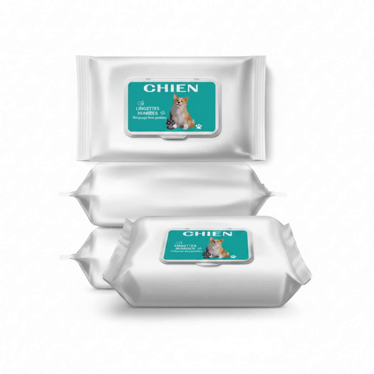 Lot de lingettes nettoyantes pour chien en sachets blancs, étiquettes vertes
