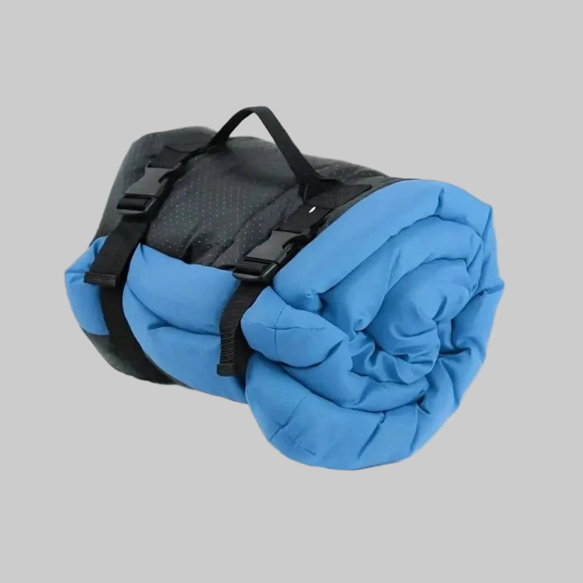 Lit de camp pour chien bleu ciel, matelas roulé avec sangles noires