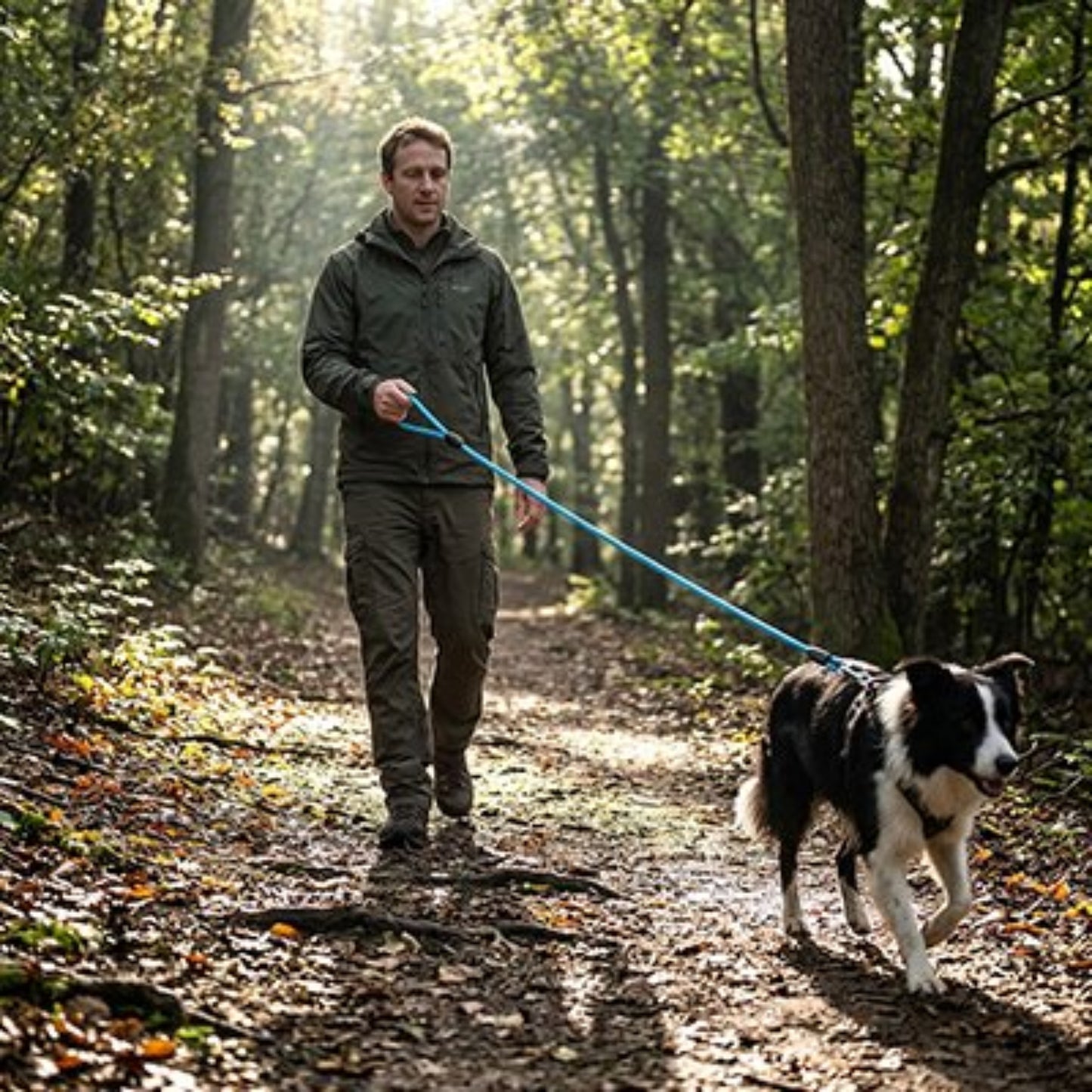 Longe pour chien bleue avec mousqueton, chien tricolore en balade en forêt