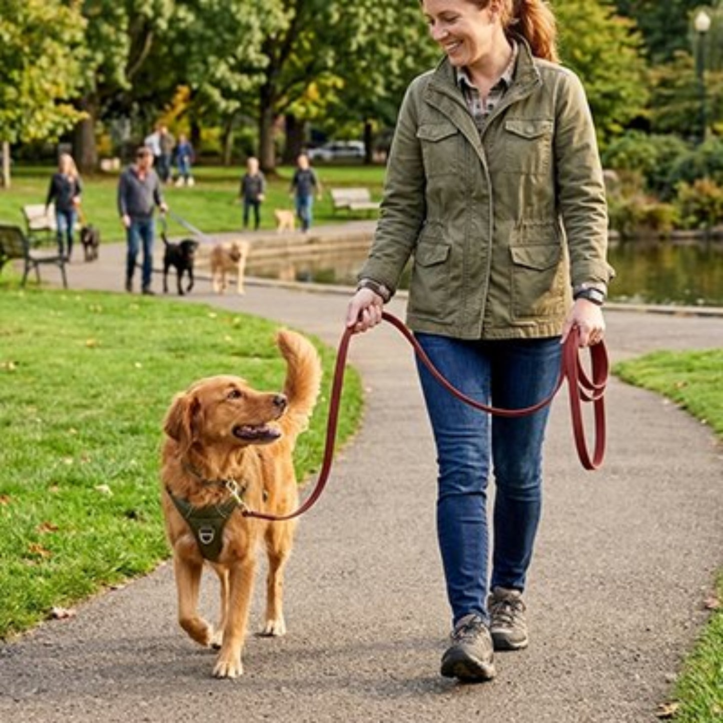 Longe pour chien grenat avec laisse rouge tenue lors d’une promenade au parc