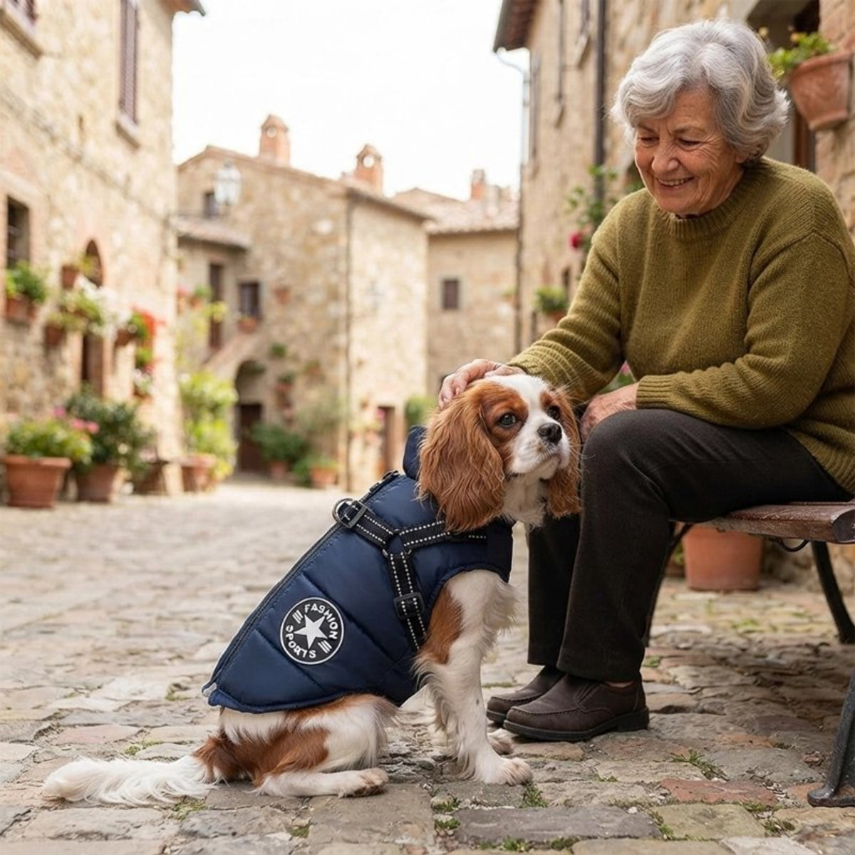 Manteau Chien au marché avec son maitre
