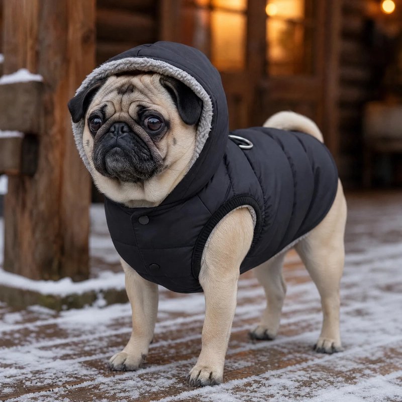 Manteau Chien on voit bien le capuchon