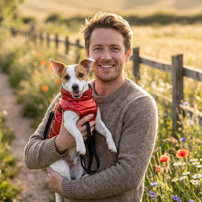 Manteau Chien rouge dans les bras de son maitre