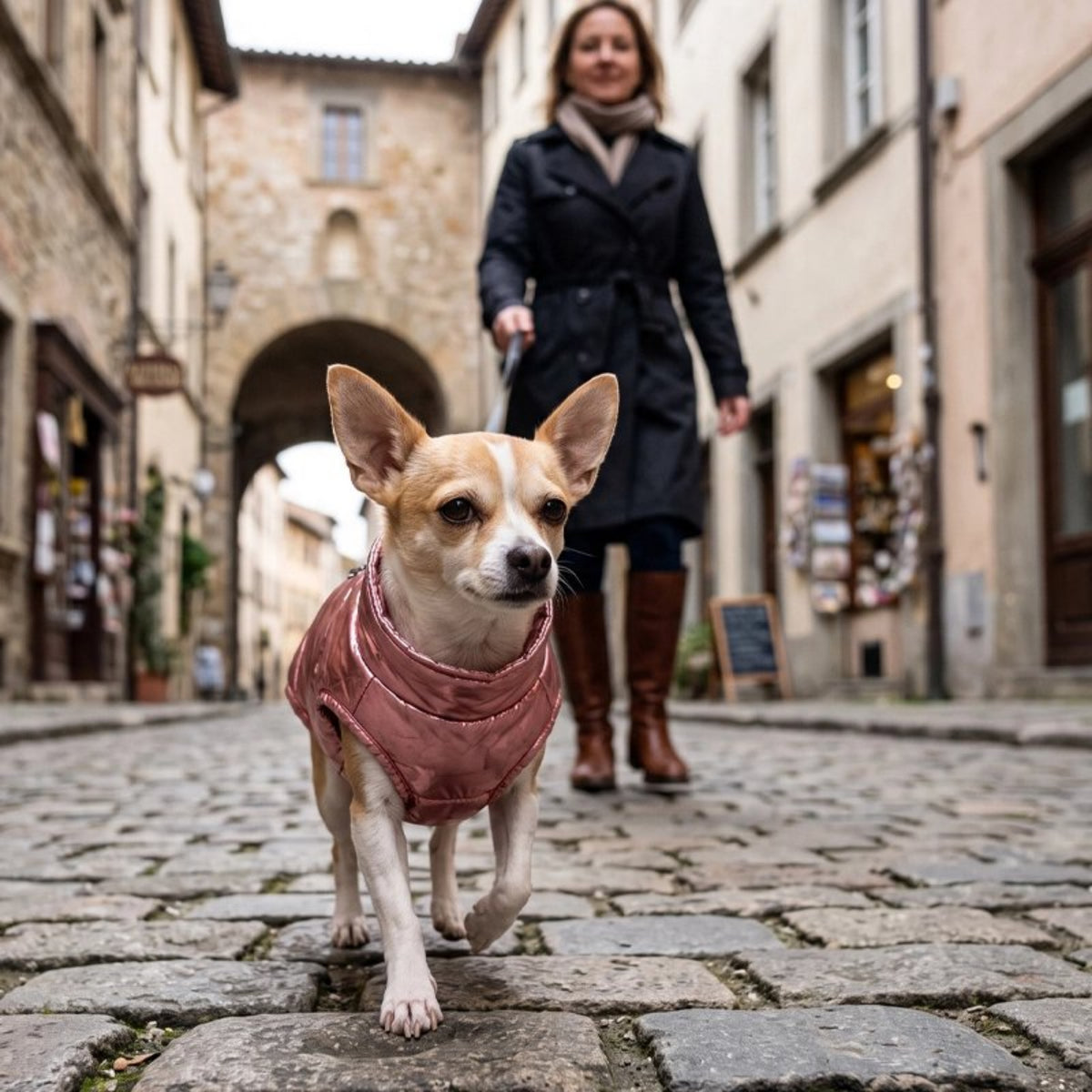 Manteau Chien se balade dans la rue de paris