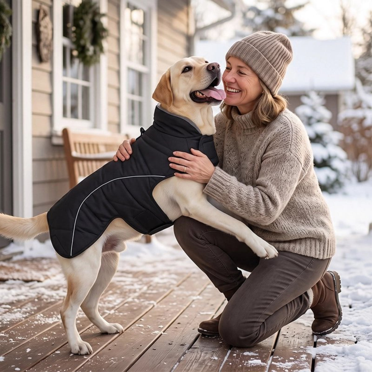 Manteau pour chien confortable en sautant sur sa maitresse