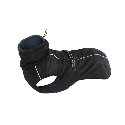 Manteau pour chien matelassé noir, capuche souple et ouverture pour pattes