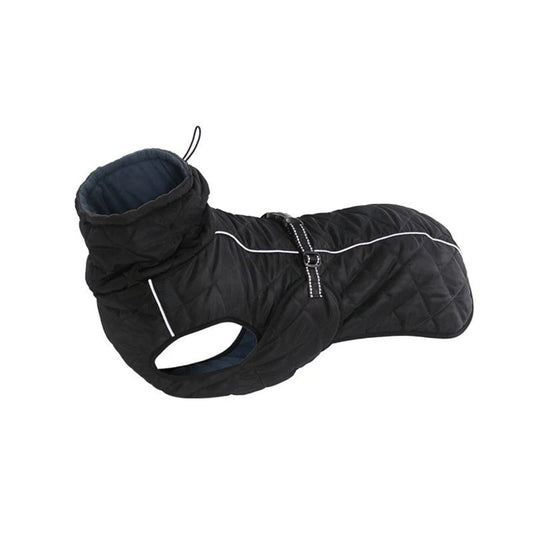 Manteau pour chien matelassé noir, capuche souple et ouverture pour pattes