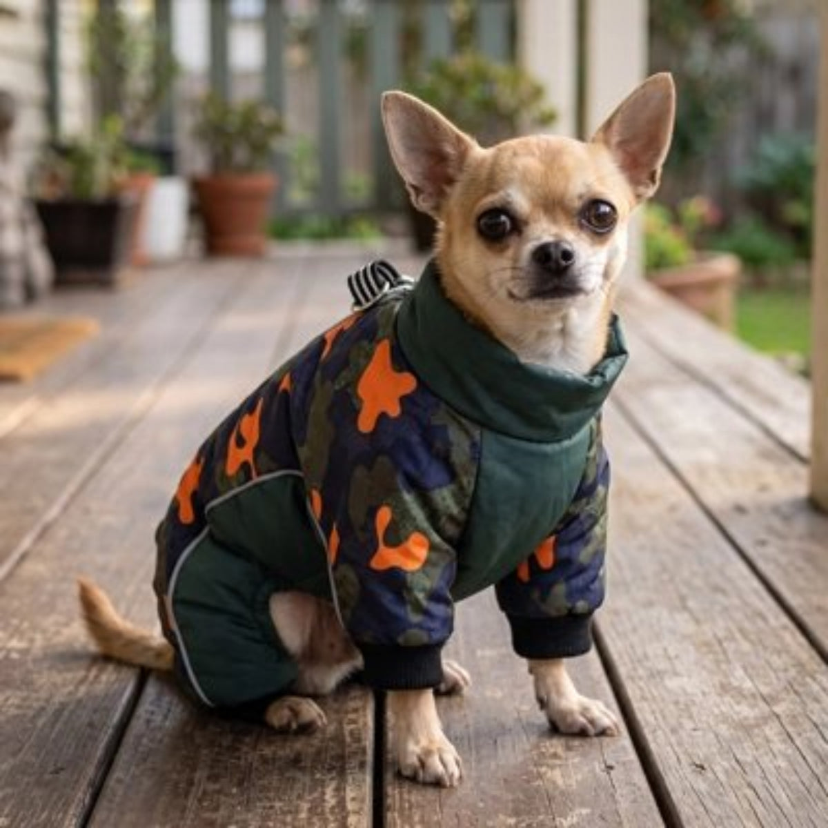 Manteau d’hiver pour chien camouflage vert foncé et orange, col montant, manches côtelées