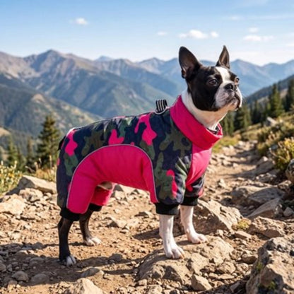 Manteau d’hiver pour chien camouflage multicolore avec empiècement rose, col montant